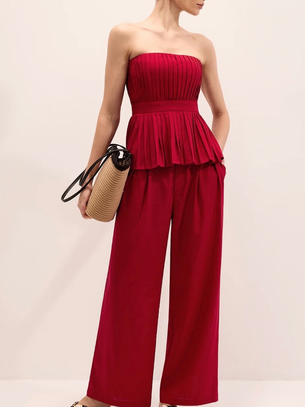 Commense Strapless Pleated Linen Blend Top & Pants Set - Large - Red